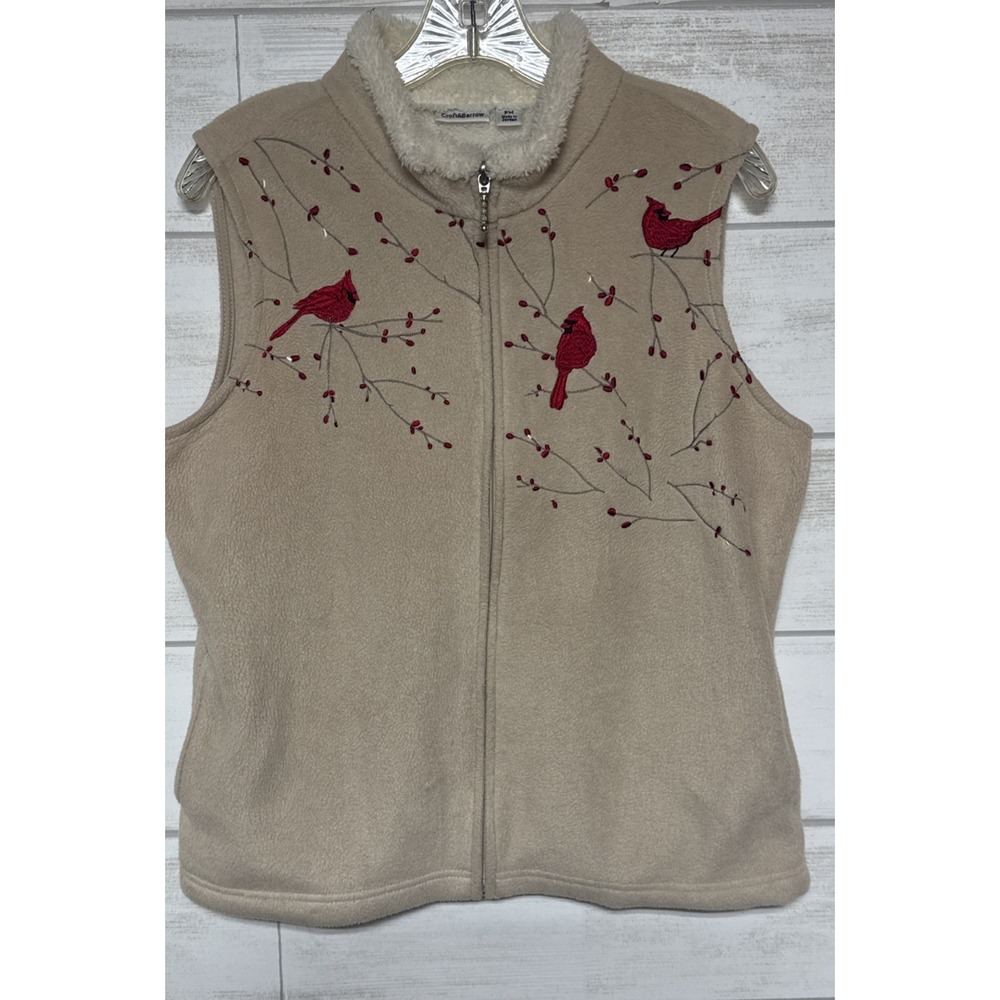 Croft & Barrow Vest Womens PM Medium Fleece Cardinal Birds Embroidered Winter